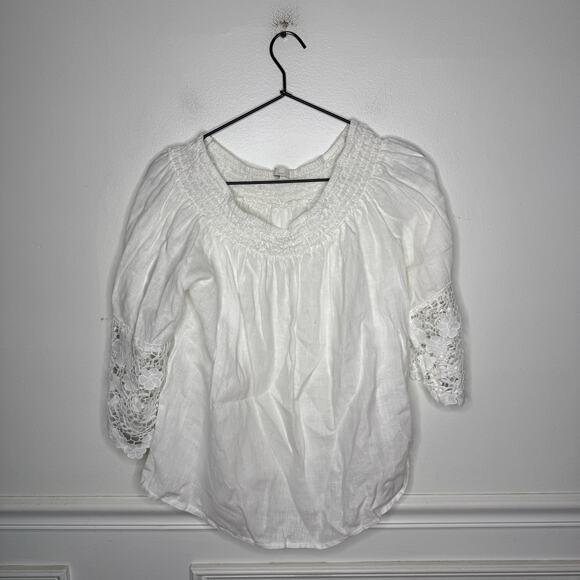 Baci White Off Shoulder Crochet Sleeve Linen Top Made in Italy Womens Medium - Picture 1 of 8